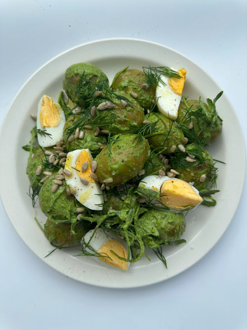 Potato and egg salad with creamy wild garlic dressing