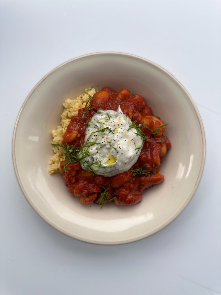 Smoky harissa butterbeans with millet & dill yoghurt