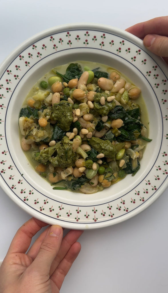 Green style minestrone with almond & cashew pesto