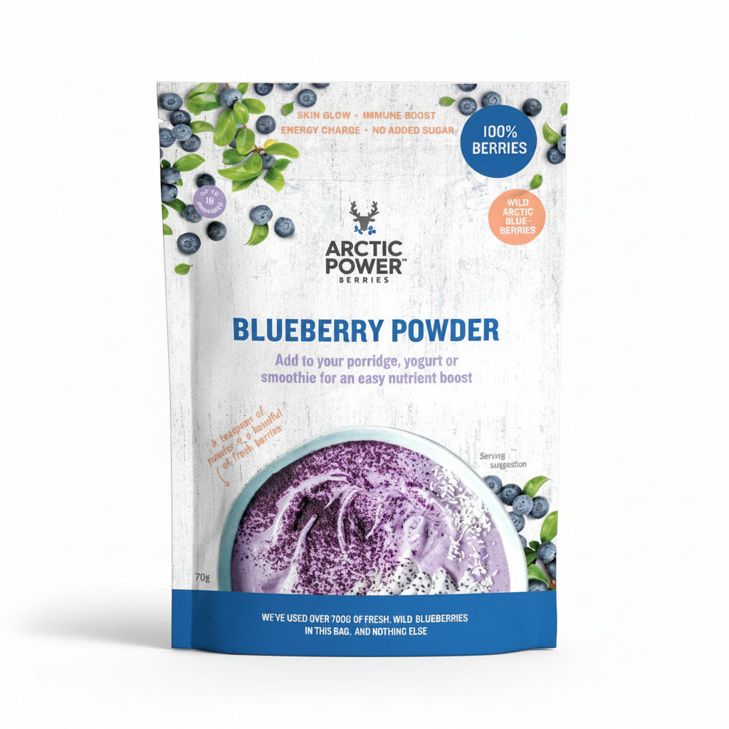 Arctic Power Blueberry Powder packaging on a white background
