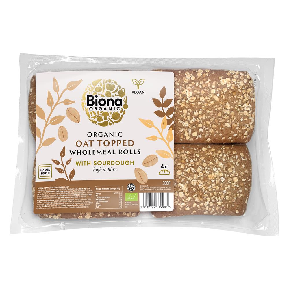 Organic Oat Topped Wholemeal Rolls (made with sourdough) 300g - Just Natural