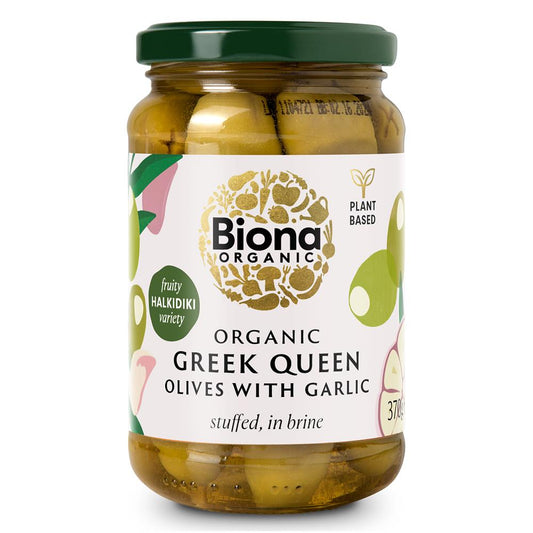 Organic Greek Queen Olives Stuffed with Garlic 370g - Just Natural