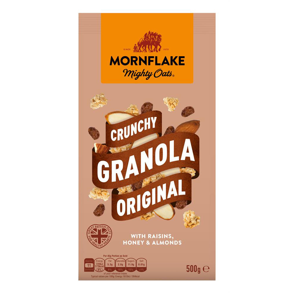 Mornflake Mighty Oats Crunchy Granola Original 500g packaging, featuring a tan background with an orange brand header and illustrations of chocolate-covered oats, almonds, and raisins.