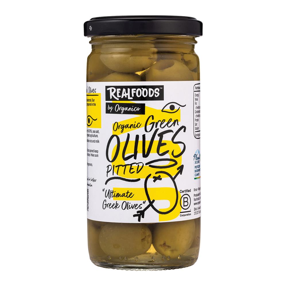 Organic Green Pitted Olives in Brine 230g.