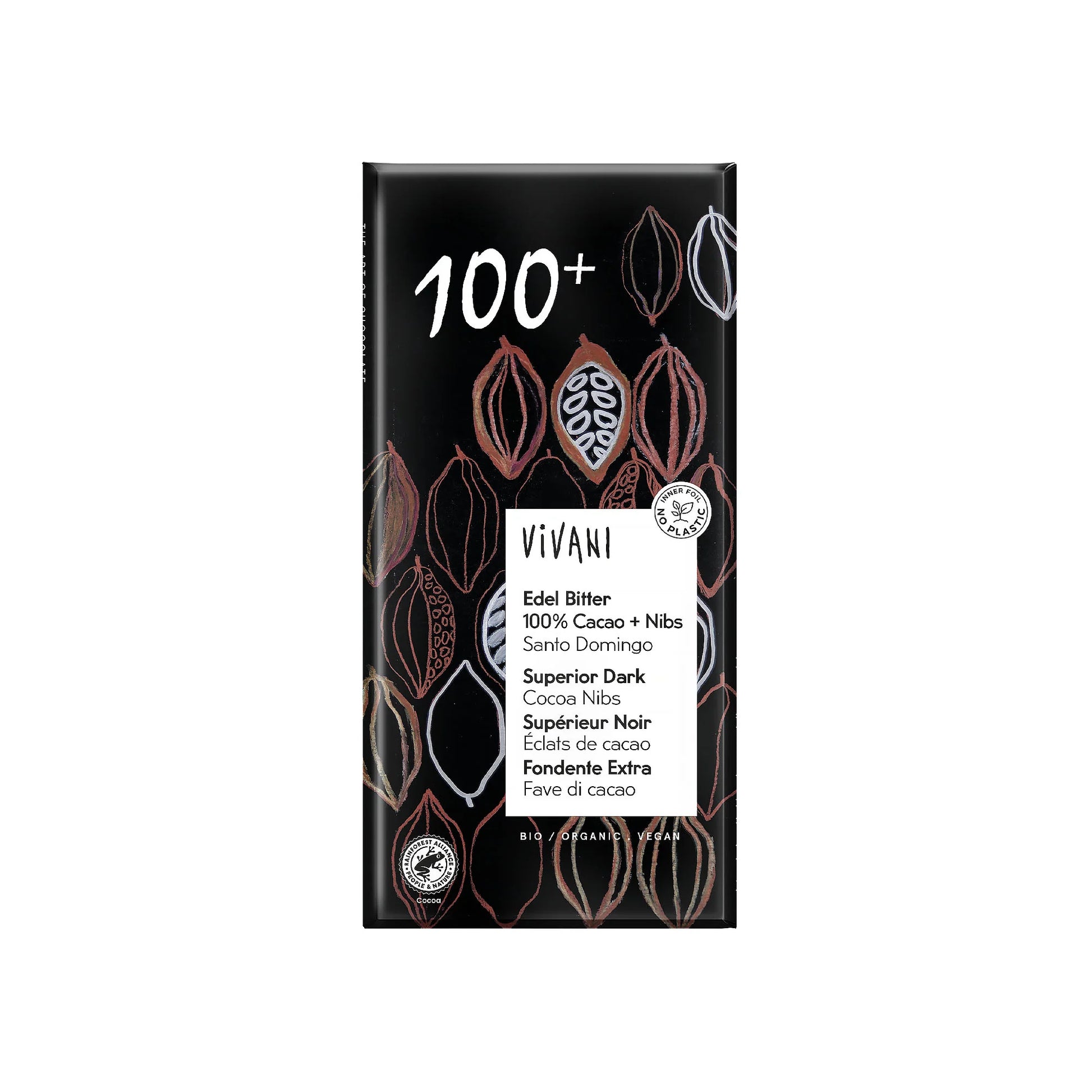 Dark 100+ Chocolate with Cocoa Nibs Vegan Organic 80g - Just Natural